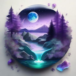 A realistic and dreamy composition featuring a map, shards of glass, a forest, the moon, a river, a cigarette with smoke, amethyst, and opal