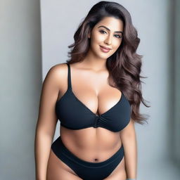 A fit and attractive woman with a beautiful face is posing to highlight her curvy figure