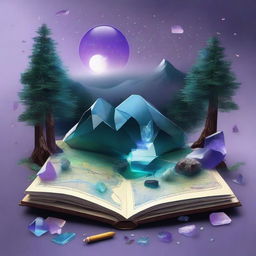 A realistic composition featuring a map, shards of glass, a forest, the moon, a river, a cigarette with smoke, an amethyst crystal, and an opal