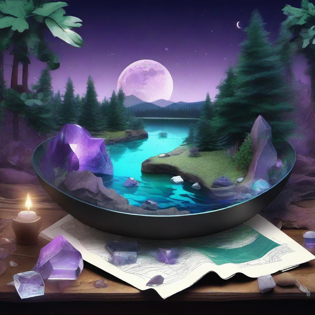 A realistic composition featuring a map, shards of glass, a forest, the moon, a river, a cigarette with smoke, an amethyst crystal, and an opal