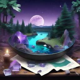 A realistic composition featuring a map, shards of glass, a forest, the moon, a river, a cigarette with smoke, an amethyst crystal, and an opal