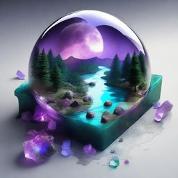 A realistic composition featuring a map, shards of glass, a forest, the moon, a river, a cigarette with smoke, an amethyst crystal, and an opal