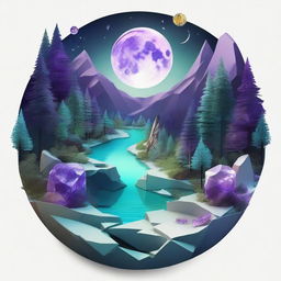 A realistic composition featuring a map, shards of glass, a forest, the moon, a river, a cigarette with smoke, an amethyst crystal, and an opal