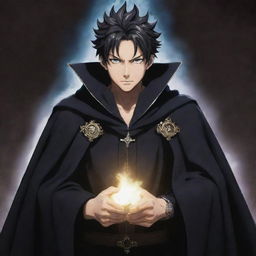 Yami Sukehiro, a powerful wizard from the Black Clover series, clad in his dark cloak, wielding his dark magic grimoire.