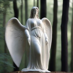 A majestic full-body Greek veiled female angel statue placed in a dark forest