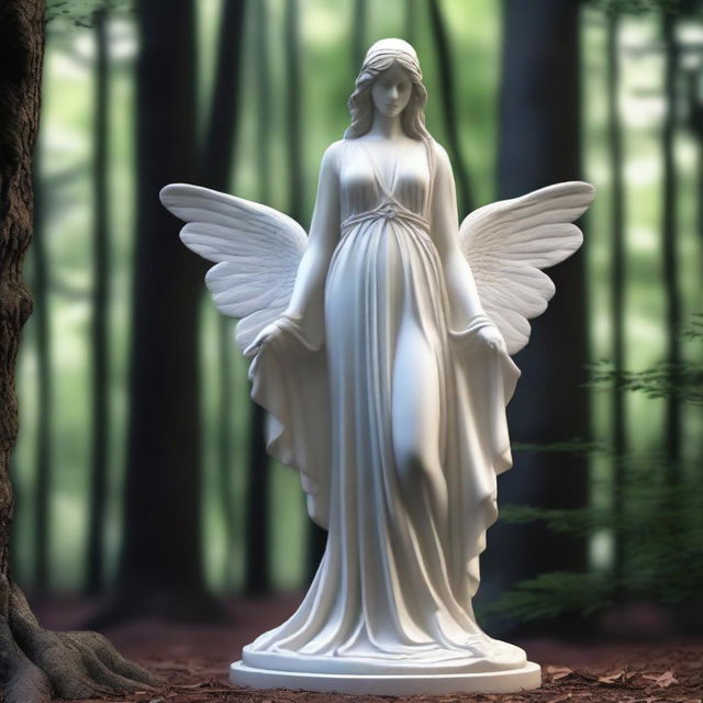 A majestic full-body Greek veiled female angel statue placed in a dark forest