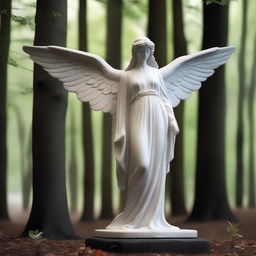 A majestic full-body Greek veiled female angel statue placed in a dark forest