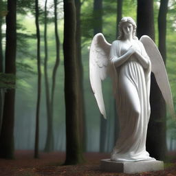 A majestic full-body Greek veiled female angel statue placed in a dark forest