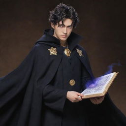 Yami Sukehiro, a powerful wizard from the Black Clover series, clad in his dark cloak, wielding his dark magic grimoire.