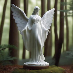 A majestic full-body Greek veiled female angel statue set in a dark, magical forest