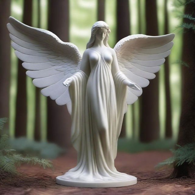 A majestic full-body Greek veiled female angel statue set in a dark, magical forest