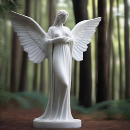 A majestic full-body Greek veiled female angel statue set in a dark, magical forest