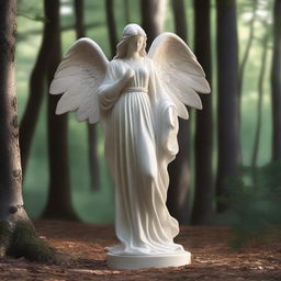 A majestic full-body Greek veiled female angel statue set in a dark, magical forest