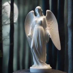 A majestic full-body Greek veiled female angel statue set in a dark, magical forest illuminated by the moon