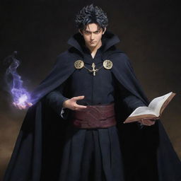 Yami Sukehiro, a powerful wizard from the Black Clover series, clad in his dark cloak, wielding his dark magic grimoire.