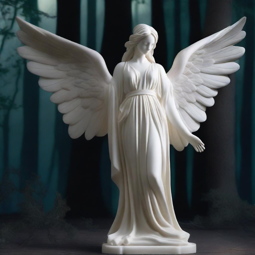 A majestic full-body Greek veiled female angel statue set in a dark, magical forest illuminated by the moon