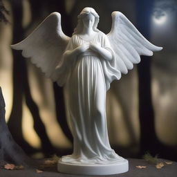 A majestic full-body Greek veiled female angel statue set in a dark, magical forest illuminated by the moon