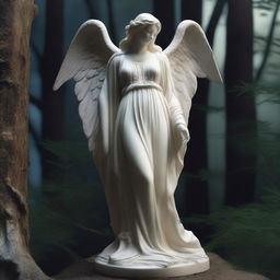 A majestic full-body Greek veiled female angel statue set in a dark, magical forest illuminated by the moon