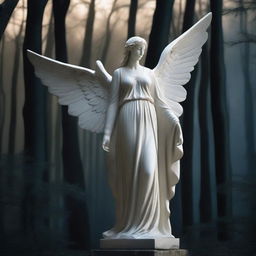 A majestic full-body Greek veiled female angel statue standing in the middle of a dark, magical forest illuminated by the moon