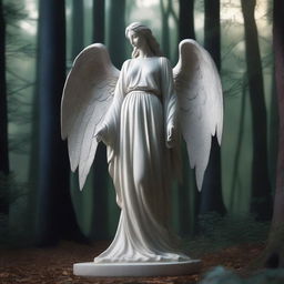 A majestic full-body Greek veiled female angel statue standing in the middle of a dark, magical forest illuminated by the moon