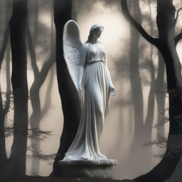 A majestic full-body Greek veiled female angel statue standing in the middle of a dark, magical forest illuminated by the moon