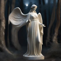 A majestic full-body Greek veiled female angel statue standing in the middle of a dark, magical forest illuminated by the moon