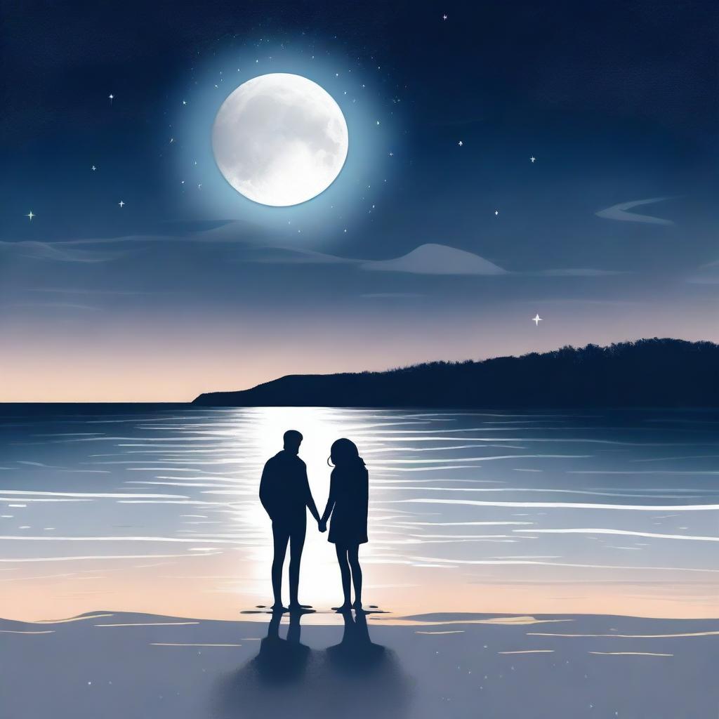 A couple standing close together under the moonlight on a serene beach