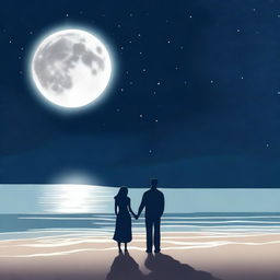 A couple standing close together under the moonlight on a serene beach