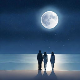 A couple standing close together under the moonlight on a serene beach