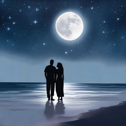 A couple standing close together under the moonlight on a serene beach