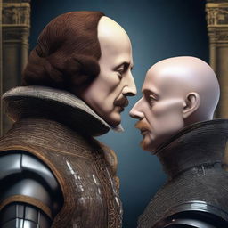 Create an image depicting a dramatic face-off between William Shakespeare and an advanced artificial intelligence