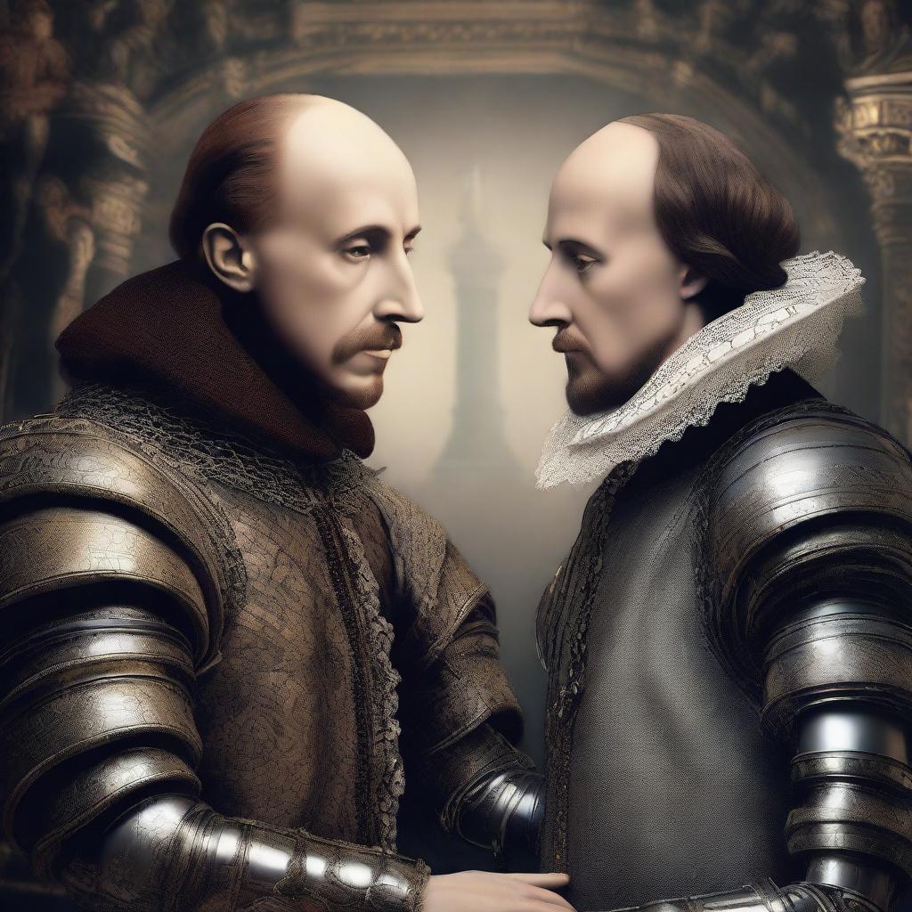 Create an image depicting a dramatic face-off between William Shakespeare and an advanced artificial intelligence