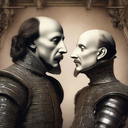 Create an image depicting a dramatic face-off between William Shakespeare and an advanced artificial intelligence