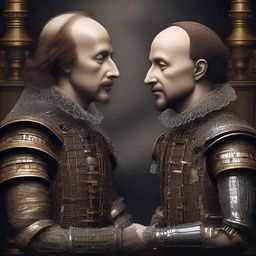 Create an image depicting a dramatic face-off between William Shakespeare and an advanced artificial intelligence