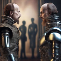 Create an image depicting a real human William Shakespeare in a dramatic face-off against a robot AI