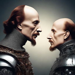 Create an image depicting a real human William Shakespeare in a dramatic face-off against a robot AI