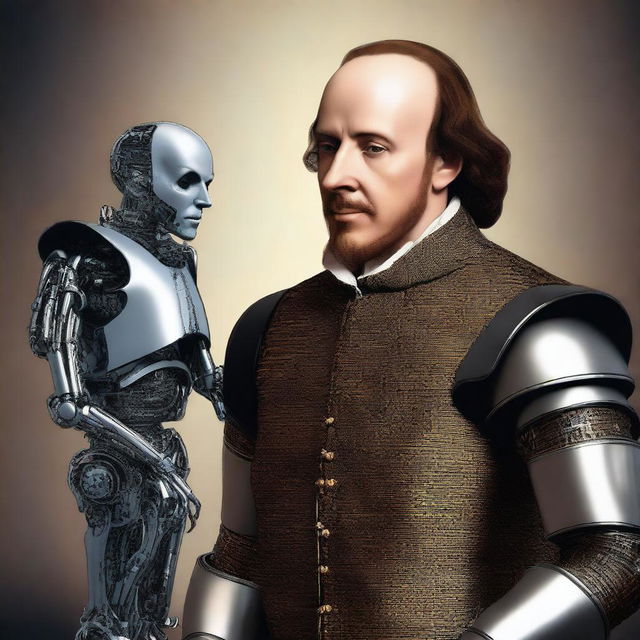 Create an image depicting a real human William Shakespeare in a dramatic face-off against a robot AI