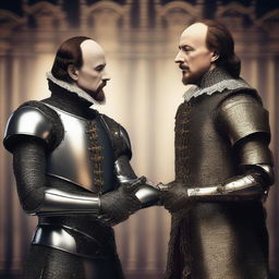 Create an image depicting a real human William Shakespeare in a dramatic face-off against a robot AI