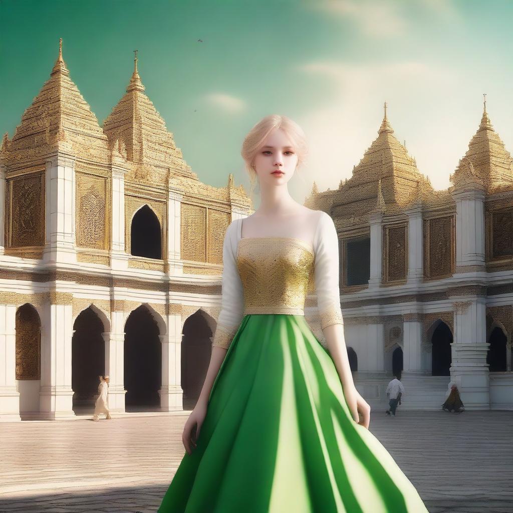 A realistic yet almost animated cover featuring a girl with golden hair, pale skin, wearing a white and green period dress, heading towards a grand palace