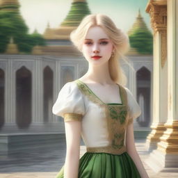 A realistic yet almost animated cover featuring a girl with golden hair, pale skin, wearing a white and green period dress, heading towards a grand palace