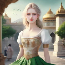 A realistic yet almost animated cover featuring a girl with golden hair, pale skin, wearing a white and green period dress, heading towards a grand palace