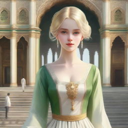 A realistic yet almost animated cover featuring a girl with golden hair, pale skin, wearing a white and green period dress, heading towards a grand palace