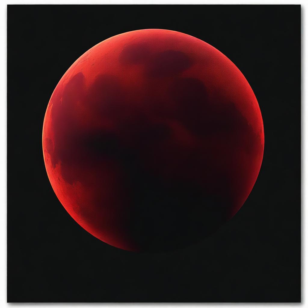 A vivid and dramatic depiction of a blood-red moon against a stark black background