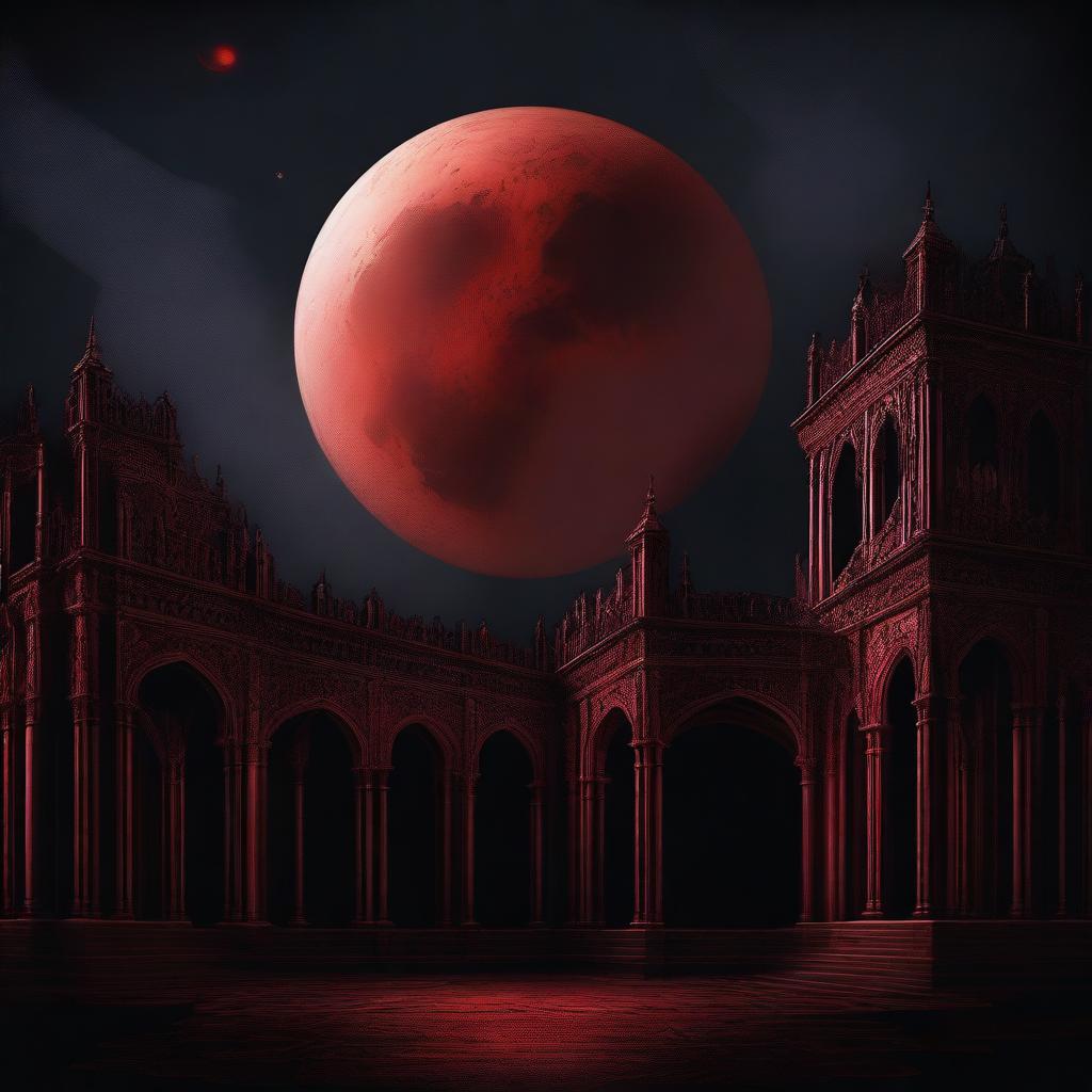 A detailed illustration of a blood-red moon against a dark, gothic background