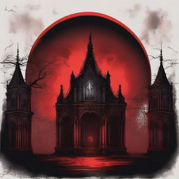 A detailed illustration of a blood-red moon against a dark, gothic background