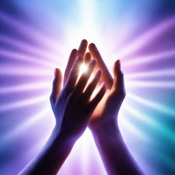 A pair of hands emitting a bright and radiant light, with beams of light streaming out from the fingertips