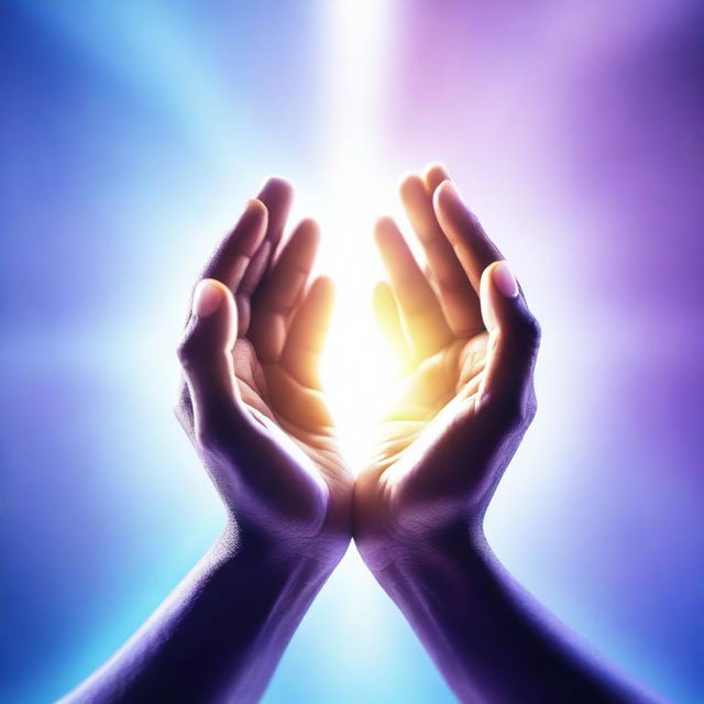 A pair of hands emitting a bright and radiant light, with beams of light streaming out from the fingertips