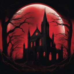 A vivid depiction of a blood-red moon glowing against a pitch-black gothic background