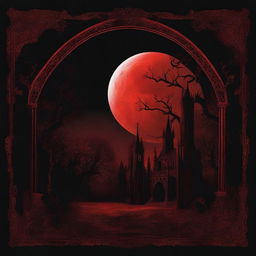 A vivid depiction of a blood-red moon glowing against a pitch-black gothic background