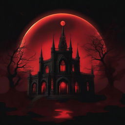 A vivid depiction of a blood-red moon glowing against a pitch-black gothic background